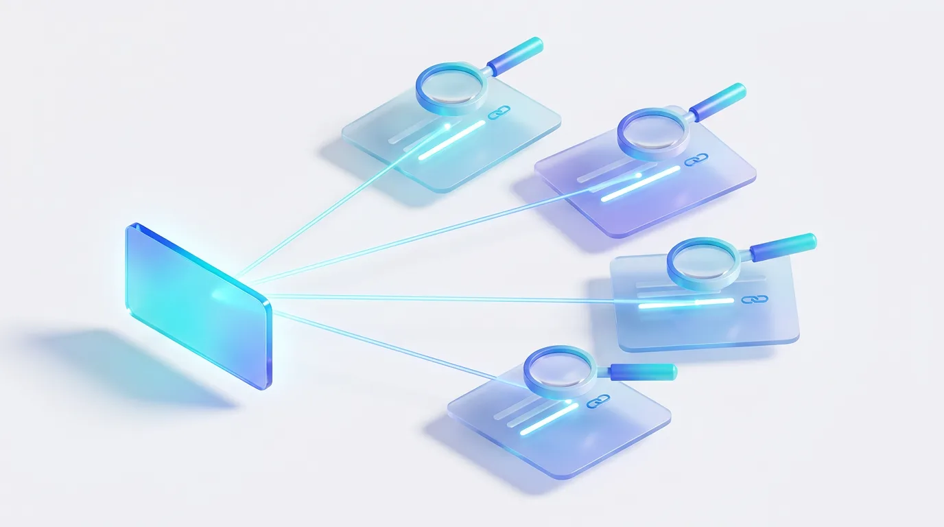Illustration of one prompt sent to several AI engines, with each answer card scanned for a brand mention and a cited source