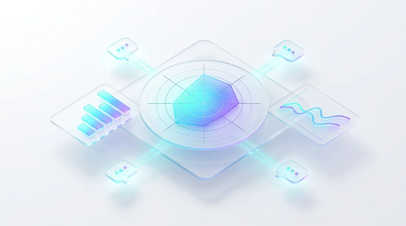 Illustration of an AI visibility dashboard with a gauge, bar chart and trend line, linked to four AI chat answers being tracked for brand mentions
