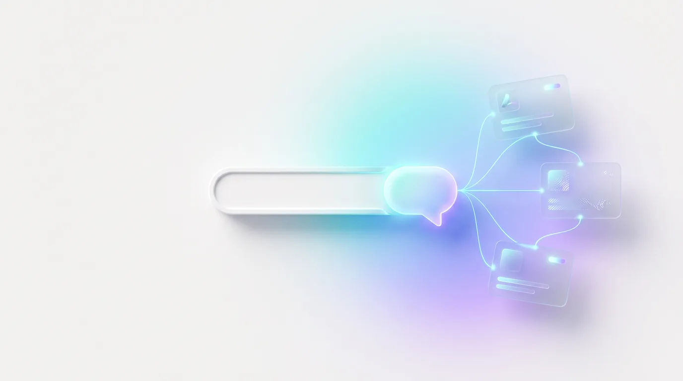Illustration of a search bar turning into an AI chat answer that cites three sources, representing answer engine optimization